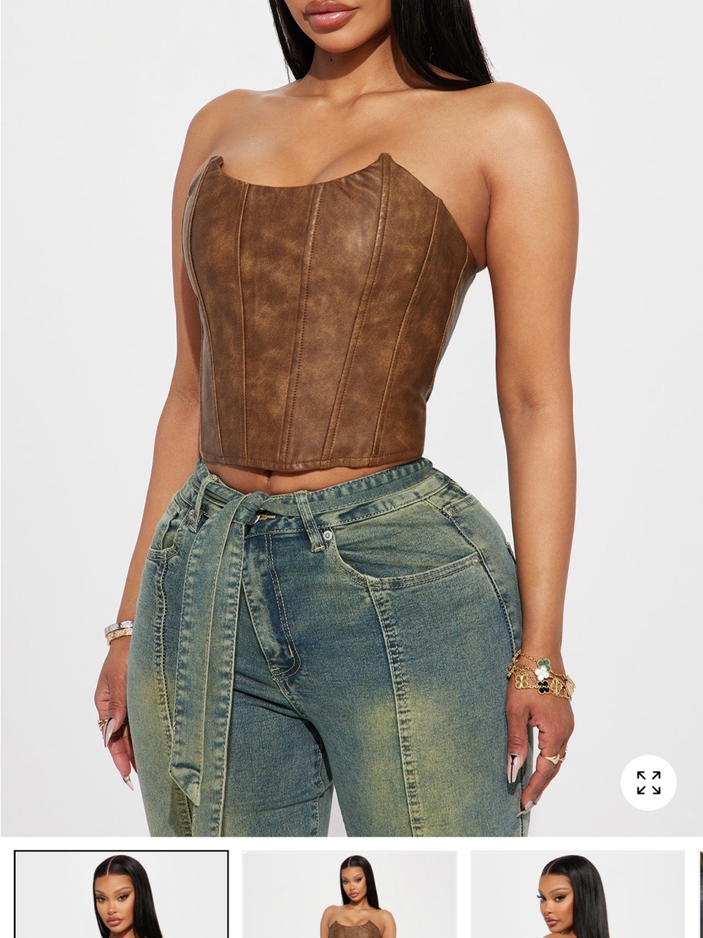 Leather-Look Strapless Corset Crop Top - Brown (Size: 1X)